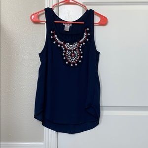 Navy blue tank blouse with jeweled design